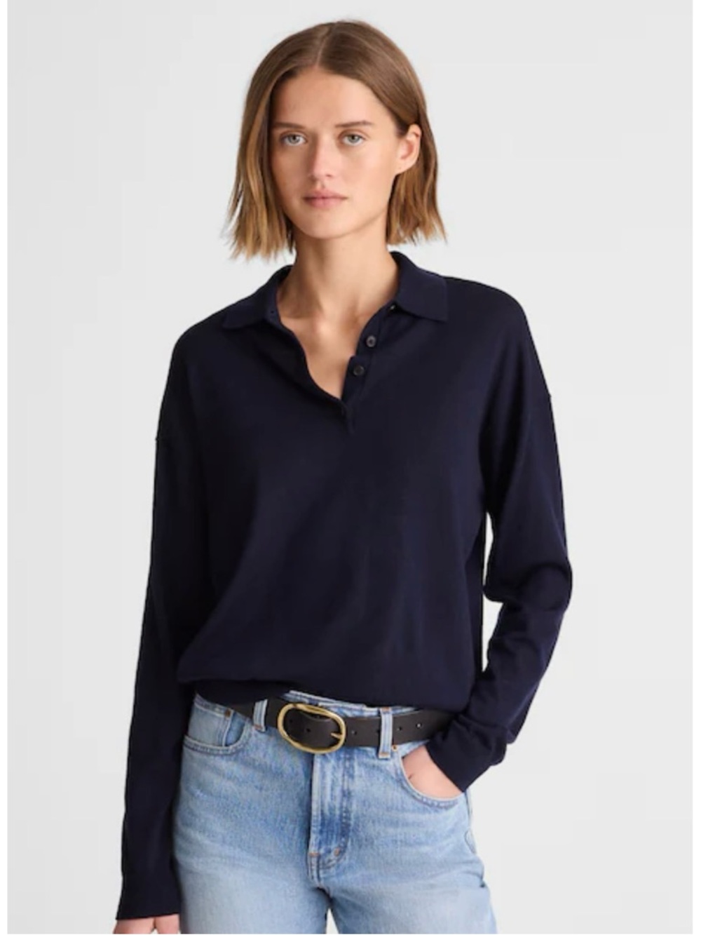 NWT Madewell Drop-Shoulder Polo Sweater Merino Wool Navy Blue